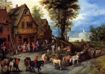 Clásico Painting - Breughel Jan Una calle del pueblo con la Sagrada Familia llegando a una posada rococó